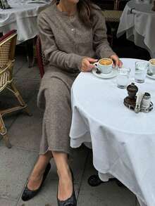 Bộ đồ dệt kim màu trơn 2 mảnh FOR BEAUTY, bộ áo khoác và chân váy tối giản thường ngày mới dành cho nữ, thích hợp cho hẹn hò, mùa thu/đông. - màu cà phê - Xem 3