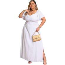 Elegant Plus Size White Party Dress With Pocket, Casual Style, Split Fabric, Side Slit, Long Plus Size Wedding Dress - trắng - Xem 1