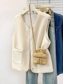 YUXIN Fashionable Women's Must-Have For Autumn & Winter! Soft Fleece-Like Lamb Wool Sleeveless Cardigan Vest With Double Pockets, Super Warm & Versatile, Perfect For Daily Wear - Apricot - View 2