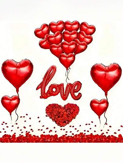 一套浪漫情人节气球装饰套装，包含500片红色玫瑰花瓣、20个红色心形铝箔气球、1个“爱”字气球，适用于求婚、订婚、婚礼、周年纪念、情人节庆祝活动、告白等场合，可作多种场景背景装饰，铝膜材质，无需用电。