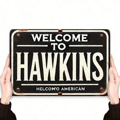 1pc Vintage "Welcome To Hawkins" Iron Wall Sign - Rustic Americana Decor 12x8 Inch (30x20cm) For Home, Cafe, Bar, Garden - No Electricity Needed, Durable Metal Art, Front Door Decor, Cafe Decoration,