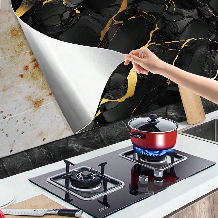 1 Roll Gold Marble Pattern Self-Adhesive PVC Wallpaper/Washable/Easy To Install/Removable/Suitable For Kitchen/Bathroom/Living Room Wall Decoration/Bathroom Decor/Modern Kitchen Decor/Peel And Stick Wallpaper