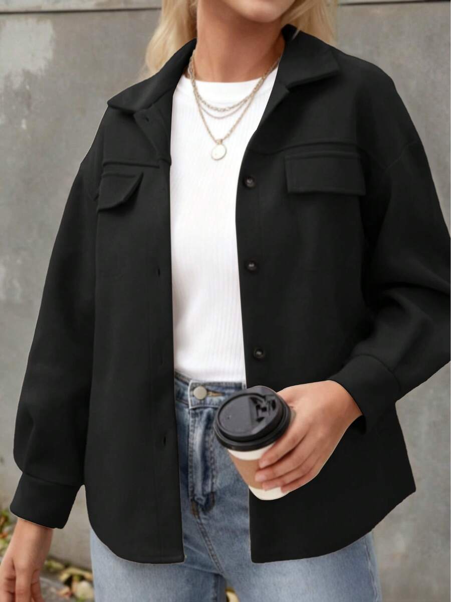 Simple Women's Autumn And Winter Loose Wool Coat - Black - View 1