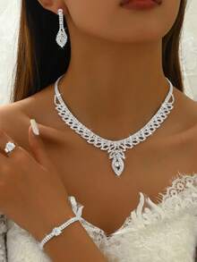 Elegant Silver-Plated Cubic Zirconia Bridal Jewelry Set - Luxury Flower Pattern Necklace, Dangle Earrings, Adjustable Ring, And Bracelet For Weddings And Special Occasions - Silver White - View 5
