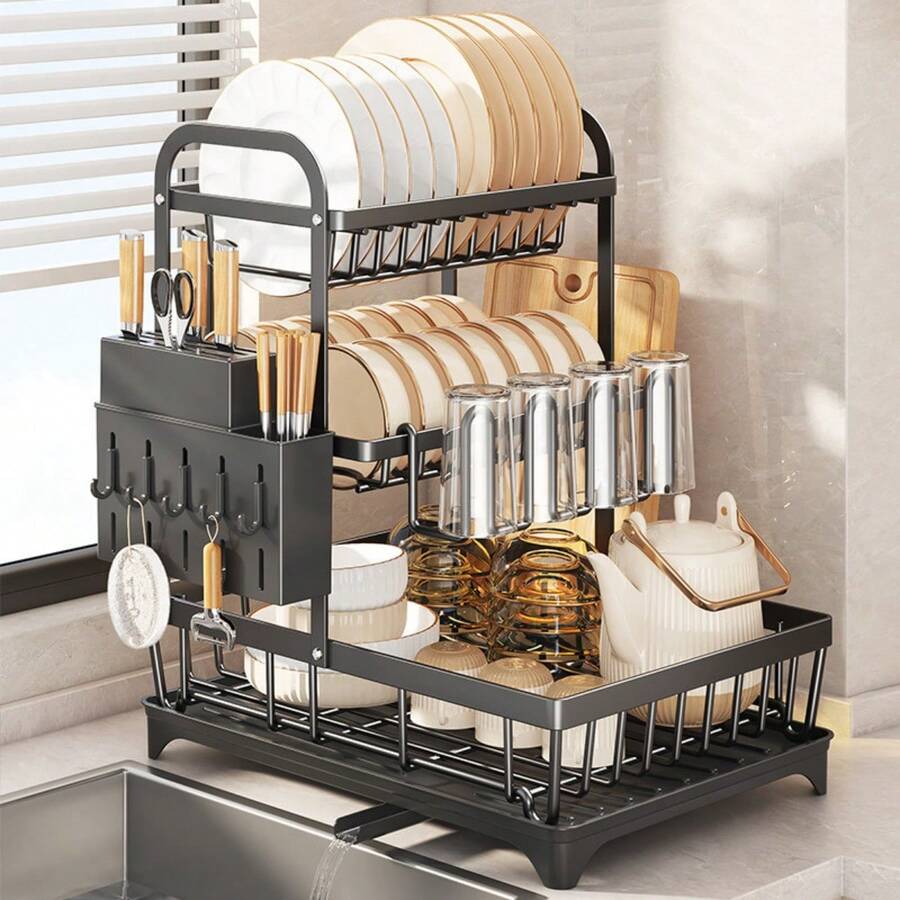Black Dish Drainer Rack, 2/3 Tier, Steel, Metal Dish Drainer For Kitchen, Plates And Cutlery - A:黑色二樓 - 查看 1