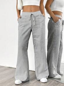 Women Blue Stripe Low Waist Wide Leg Casual Pants, Suitable For Holiday And Daily Wear Fall Cloth For Women  Women's Winter Clothing Of Women's Winter Clothing Women's Winter Fashion Women's Winter Promotion Of Women's Winter Clothing Christmas  Leggings Para Mujer  Pans De Mujer Para Frío  Joggers  Joggers Women  Track Pants For Women  Yoga Pants - 灰色 - 查看 5