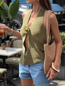 FOR BEAUTY 春夏新款音乐节绿色森林3D花卉无袖针织背心，适合修身沙滩度假，性感露背上衣，圣帕特里克节假日针织衫，适合海滩、沙滩、游泳