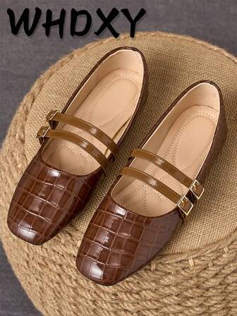 WHDXY Women's Brown Crocodile Embossed Square Toe Flat Shoes, Classic And Timeless, Suitable For Daily Commute And Leisure