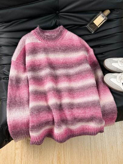 Vivid Style Casual Color Block Gradient Stripe Loose Round Neck Knitted Sweater For Women, Homecoming