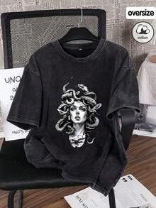 Es Trus Cotton 夏季女式趣味印花嘻哈“美杜莎肖像”个性化图案印花街头风，韩版舒适复古时尚通勤百搭Y2K女装，适合户外休闲，常规小众朋克风黑色修身圆领短袖可机洗大码T恤休闲 - 黑色 - 查看 1