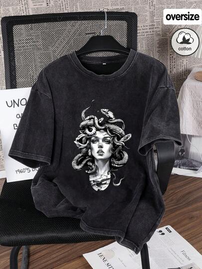 Es Trus 棉质，夏季女款趣味印花嘻哈“美杜莎肖像”个性图案印花街头，韩版舒适复古时尚通勤百搭 Y2k 服装女装，适合户外休闲，常规小众朋克风格黑色合身圆领短袖可水洗加大码 T 恤