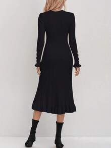 Abito lavorato a maglia elegante e casual da donna, vestito minimalista tinta unita versatile, stile vintage, abbigliamento da strada per donna, abito snellente alla moda per pendolarismo, adatto per matrimoni, feste, raduni, autunno/inverno - nero - Visualizzare 2