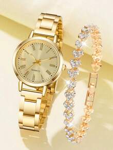 JasonRolls 2pcs Women's Watch Set, Gold Dial Roman Numeral Quartz Watch With Rhinestone Bracelet, Watch And Bracelet Set, Suitable For Daily Wear, Gatherings, Parties, Decoration Or Holiday Gifts - Gold - View 5