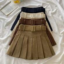 Cord Belted Pleated Skirt Texture Corduroy Box Pleat Mini Skirt With Belt Women Teen-Girl Academy School Autumn Winter Outfit - 黑色 - 查看 3
