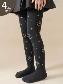 4 Pairs Girls' Heart & Bow Print Tight Leggings, High Density Knit, All Season - Multicolor - View 25