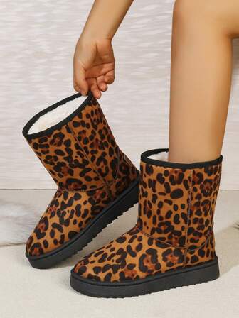 Nya höga stövlar med leopardmönster, mångsidiga fluffiga snöstövlar med tjock sula, tjocka slip-on-stövlar för kvinnor