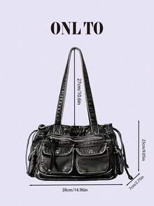 1pc Punk-Style Zippered Motorcycle Shoulder Bag, Sexy Retro Soft Leather Drawstring Tote Bag For Commuting, Women's Bag