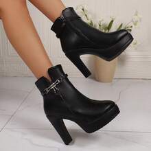 Women's Ultra High Heel Platform Ankle Boots, Autumn/Winter New Fashion Round Toe Rhinestone Bow Thin Heel Boots, Slimming Leather Boots - Black - View 6