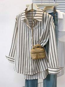 Women's Striped Button Down Shirts Casual Long Sleeve Loose Collared Blouses Tops With Pocket