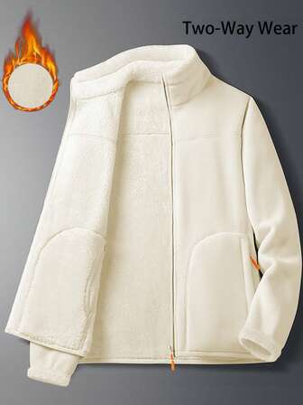 1 件女式户外羊毛夹克，冬季保暖防风羊毛外套，休闲高领拉链夹克，涤纶面料，拉链开合，侧拉链口袋，休闲外套