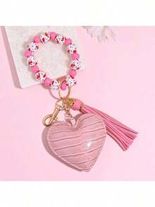 1pc Leopard Pattern Wood Bead Bracelet Keychain With Leather Heart & Tassel Charm, Boho Style Fashion Bag Accessory,  Gift Idea For Women & Daily Use - Nhiều màu - Xem 7