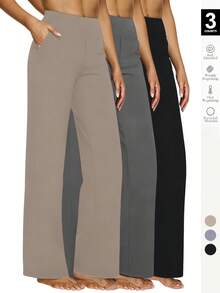 3pcs High-Waisted Wide Leg Pants - Stretchy Knit Trousers With Deep Pockets For Yoga, Lounge & Daily Commute - 3pcs Khaki+Grey+Black - 查看 1