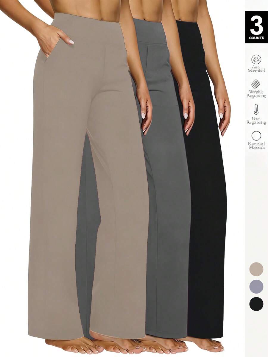 3pcs High-Waisted Wide Leg Pants - Stretchy Knit Trousers With Deep Pockets For Yoga, Lounge & Daily Commute - 3pcs Khaki+Grey+Black - 查看 1
