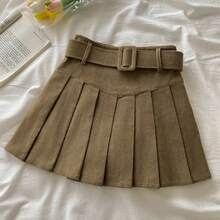 Cord Belted Pleated Skirt Texture Corduroy Box Pleat Mini Skirt With Belt Women Teen-Girl Academy School Autumn Winter Outfit - 黑色 - 查看 4