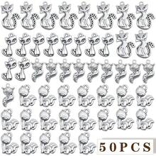 50pcs Antique Silver Fox Kitty Pendant Charms  Alloy Cute Cat Pendant Vintage Animal Dangle Charms Bulk For DIY Necklace Bracelet Keychain Jewelry MaFKing, 5 Styles…,Fox - 狐狸 - 查看 3