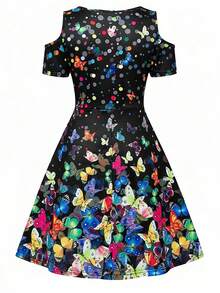 Kilottor Tween Girls' Round Neck Butterfly Printed Casual Dress With Cut Out Shoulder Design - Black - View 2