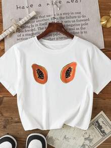 女士休闲白色 T 恤，带有鲜艳的木瓜图案 - 短袖，圆领，轻质针织面料，非常适合春夏季，休闲装，休闲装 T 恤 | 鲜艳的图案