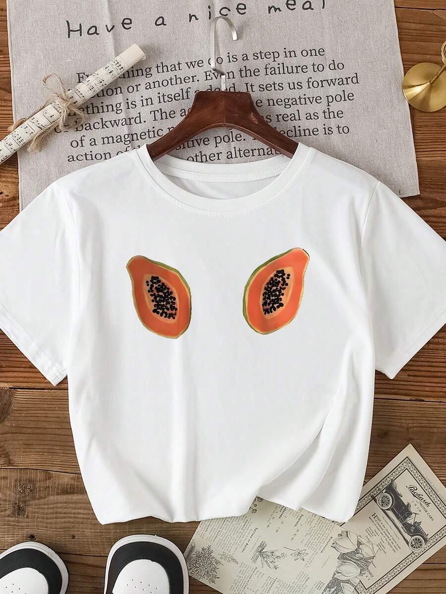 女士休闲白色 T 恤，带有鲜艳的木瓜图案 - 短袖，圆领，轻质针织面料，非常适合春夏季，休闲装，休闲装 T 恤 | 鲜艳的图案