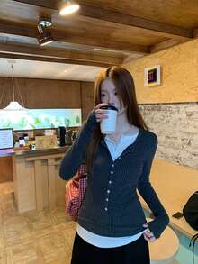 时尚女士二合一针织毛衣上衣 - 灰色 - 查看 5