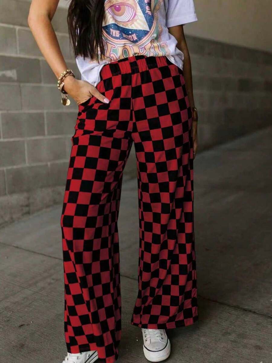 Women's Fashionable Minimalist Checkerboard Print Casual Pants, Personalized Niche Loose Wide Leg Pants Suitable For Work, Commute, Office, Travel, Party, School, Home, Daily Wear, Versatile - Red - View 1