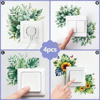 4 piezas, Pegatinas de plantas verdes, Pegatinas decorativas para paneles de interruptores, Pegatinas de pared autoadhesivas, Decoraciones de plantas y flores, Decoraciones para dormitorio, Diseños de habitación, Textura mate, Diseño desmontable, Fácil instalación, Haciendo que su hogar sea talla grande hermoso