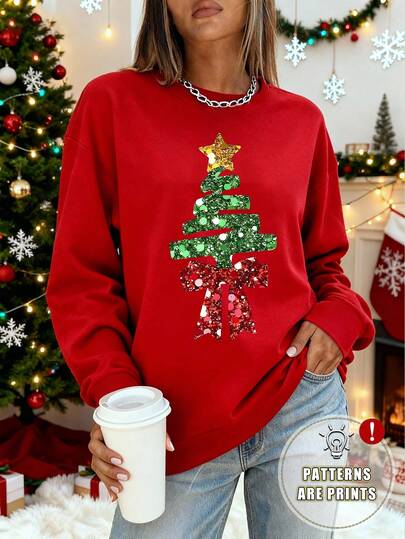 Christmas Tree Pattern Sweatshirt, Women's Casual Loose Fit Crew Neck Long Sleeve Pullover For Fall And Winter