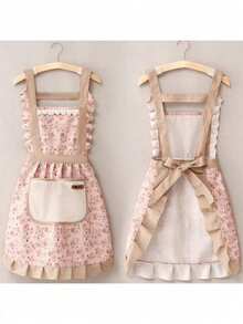 1pc Women Kitchen Apron, Wipe-Clean Homewear Fashion Princess Cooking Apron Ditsy Floral Pattern Bib Apron, Oil/Stain Resistant Princess Dress Style