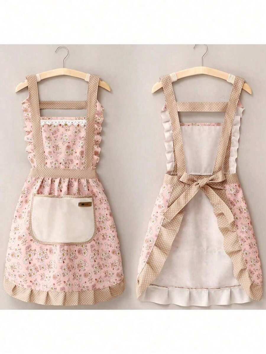 1pc Women Kitchen Apron, Wipe-Clean Homewear Fashion Princess Cooking Apron Ditsy Floral Pattern Bib Apron, Oil/Stain Resistant Princess Dress Style