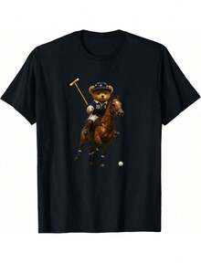 Casual Women's Black Polo Bear Graphic Print T-Shirt With Round Neck And Short Regular Sleeves Made From Slight Stretch Knitted Fabric - 黑色 - 查看 1