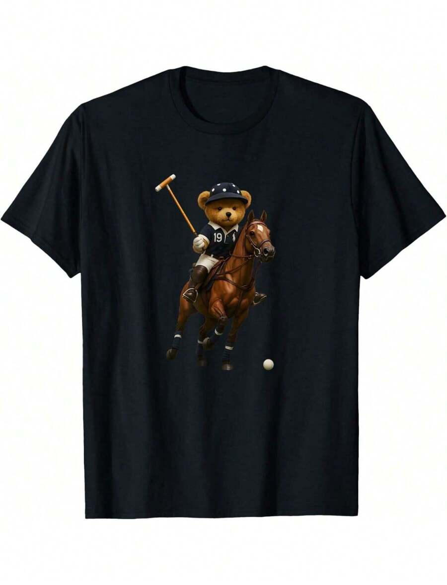 Casual Women's Black Polo Bear Graphic Print T-Shirt With Round Neck And Short Regular Sleeves Made From Slight Stretch Knitted Fabric - 黑色 - 查看 1