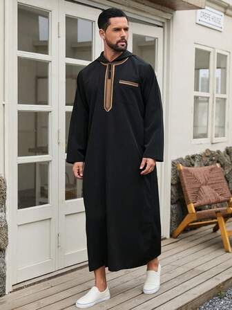 Elegant And Luxurious Traditional Men's Hooded Clothing, Simple Striped Thobe, Abaya Islamic Loose Thobe, Long-Sleeved Embroidered Hooded Muslim Pocket Thobe, Casual Arab Style, Men's Traditional Gandoura Prayer Casual Festival Clothing, Elegant Ramadan Clothing