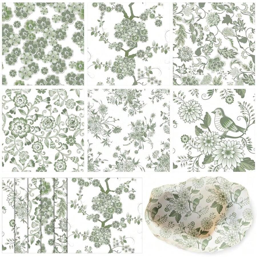 36 Pack 6 Style Sage Green Decoupage Paper Napkins Assorted Floral Decorative Decoupage Napkin Chinoiserie Cocktail Paper For DIY Crafting Fall Christmas Wedding Party Decor, Each Unfolded 13'',SageGreen - Cây xô thơm - Xem 1