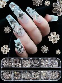 KIRAME 12格DIY美甲K9玻璃透明平底水钻套装 - 每款10颗高光泽水钻，包含1支点钻笔，适用于美甲沙龙、美甲用品供应商、万圣节、圣诞节、新年、节日礼物 - 白色 - 查看 4