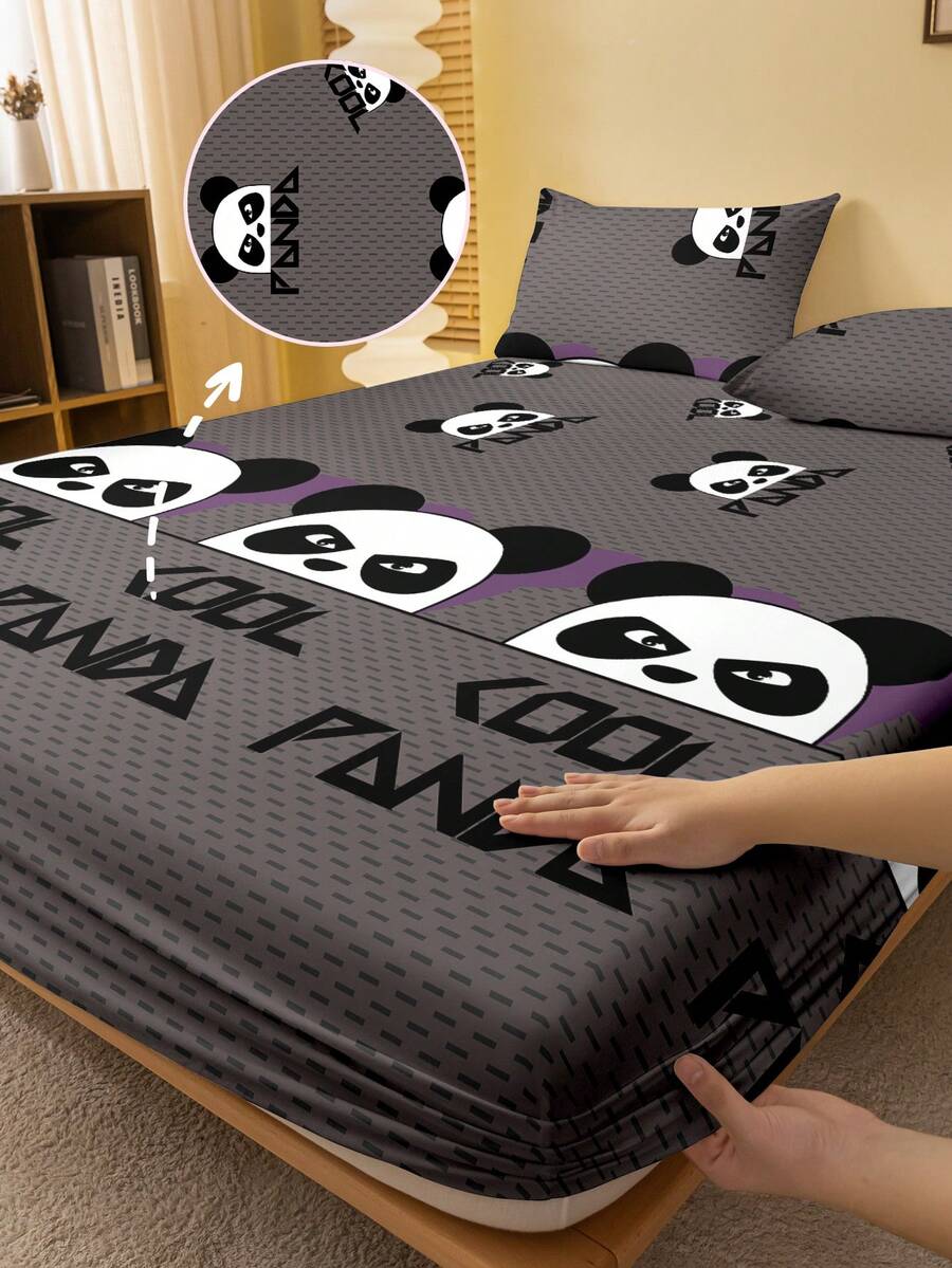 1件卡通可爱酷炫熊猫印花磨毛床笠，卧室印花床罩，床上用品（不含枕套） - 彩色 - 查看 1