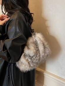 1pc Women's Gradient Deer Spotted Faux Fur Shoulder Bag, Ash Gray, Autumn/Winter - smoke gray - View 6