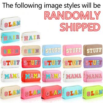 Chenille & Gold Glitter Patch "STUFF" Toiletry Bag Makeup Storage Bag Travel Size Makeup Bag Pencil Bag Or Pencil Case Wallet Storage Bag Beauty Storage Bag College Style Makeup Bag Nylon Makeup Bag Makeup Storage Bag Washing Supplies Storage Bag Zipper Storage Bag.