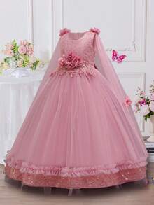 Vestido de tul con flores y lentejuelas para niñas, vestido largo para niñas preadolescentes, vestido de novia de flores, atuendo de alto nivel para actuación en piano, fiesta de cumpleaños, vestido de princesa para niños - Rosa - Ver 2