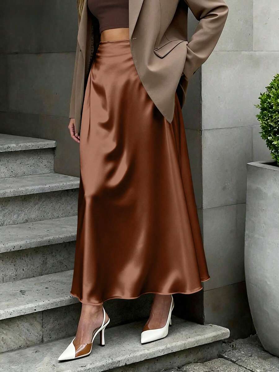 EARO 女式欧美时尚优雅缎面高端日常百搭半身裙,高腰修身弹力及膝 A 字喇叭裙,秋冬 - 棕色 - 查看 1