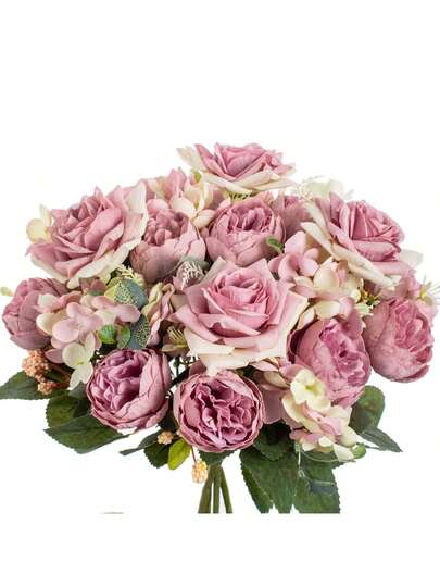 1支12.2英寸人造丝牡丹、绣球、菊花组合，仿真花，情人节礼物，人造花卉，适用于DIY婚礼花束、派对、家居客厅、厨房、花园、酒店、办公室等场所。