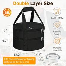 ‌1 Pc Insulated Casserole Carrier Bag Grey Elegant Leakproof Food Container For 12.5 Inch Baking Dishes Pies Hot Cold Meals Multi-Use Portable With Handles For Women Men Gifts Picnic Party Office Potluck Travel Family Gathering‌ - 黑色 - 查看 2